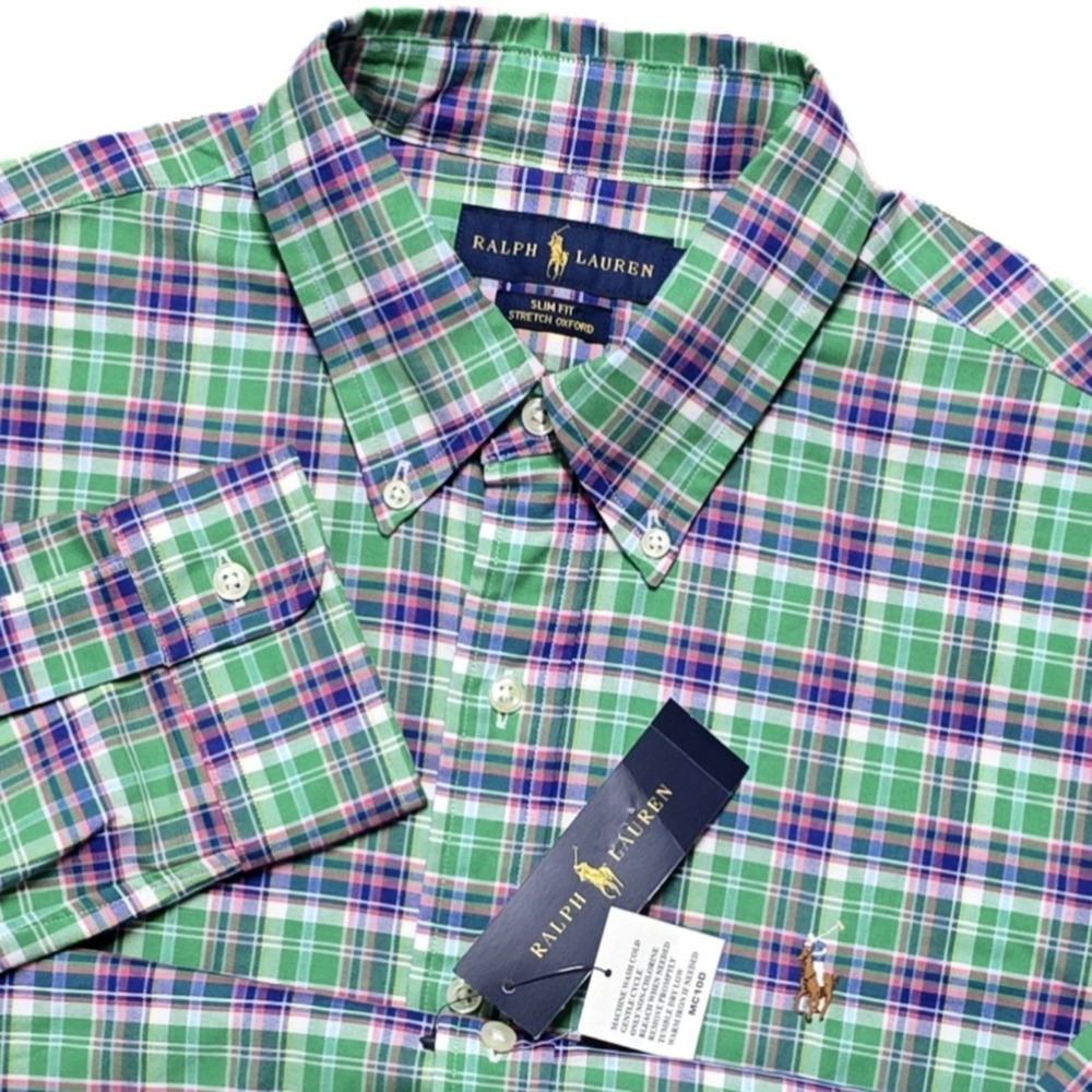 NEW Ralph Lauren Stretch Oxford Button Shirt Mens M Slim Fit Plaid Flesh Pony